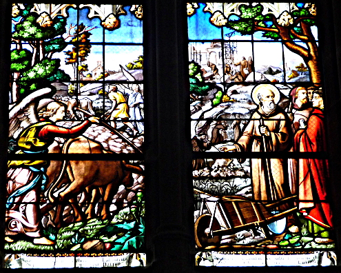 travail de la terre sous la direction de Colomban - détail vitrail église paroissiale XIXe